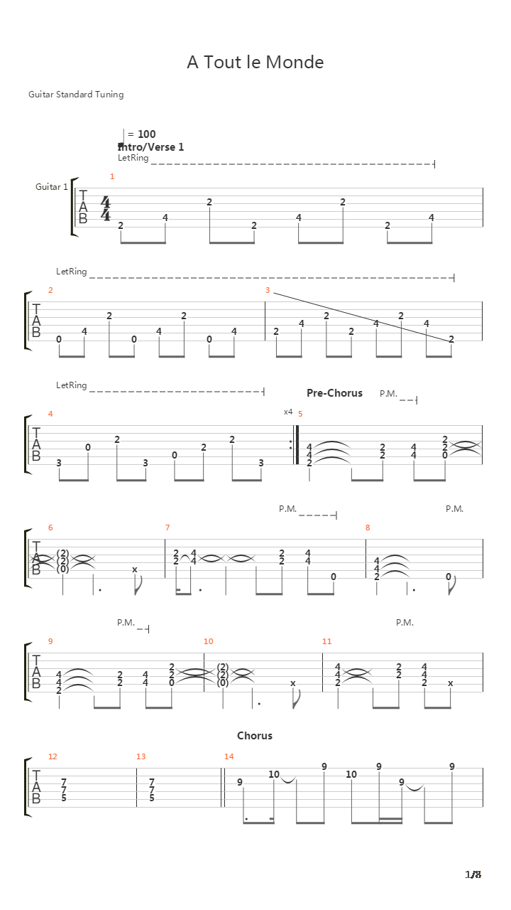 A Tout Le Monde吉他谱