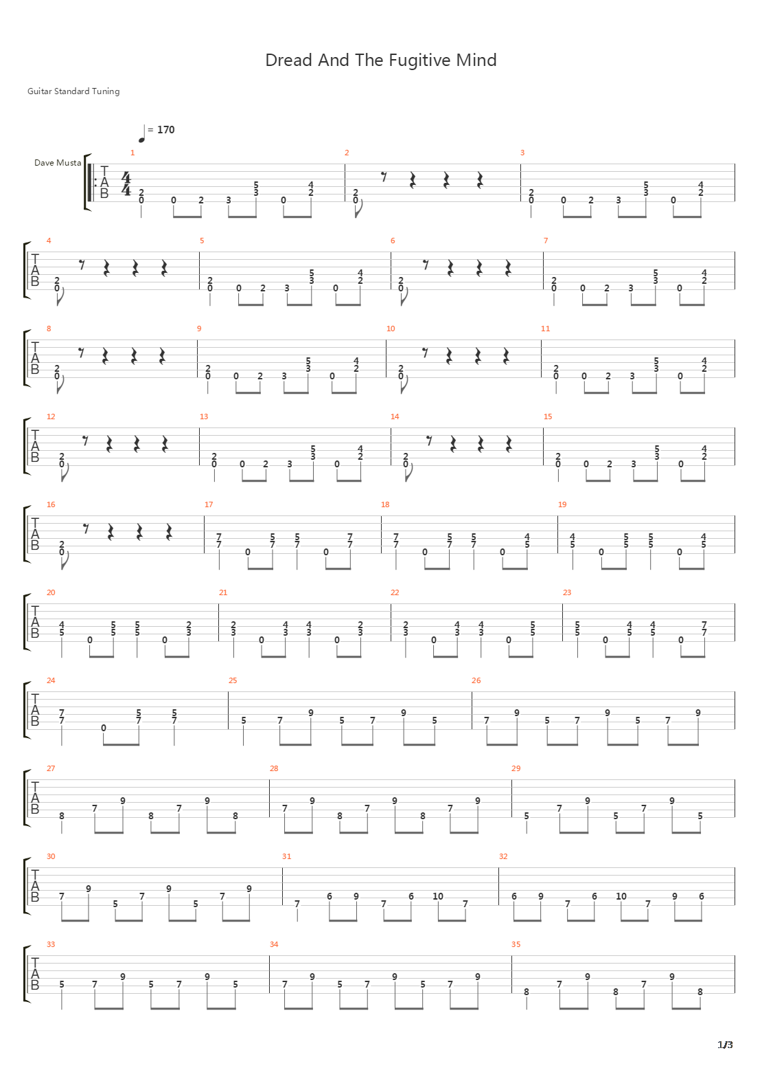 Dread And The Fugitive Mind吉他谱