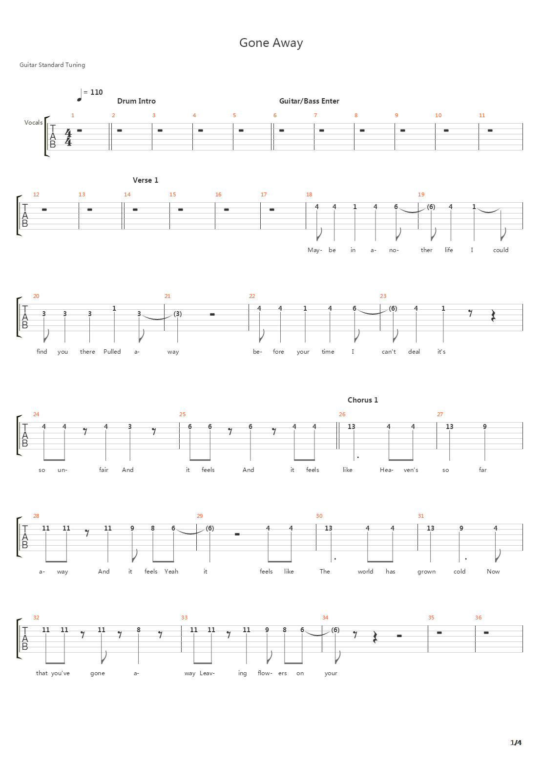 Gone Away吉他谱