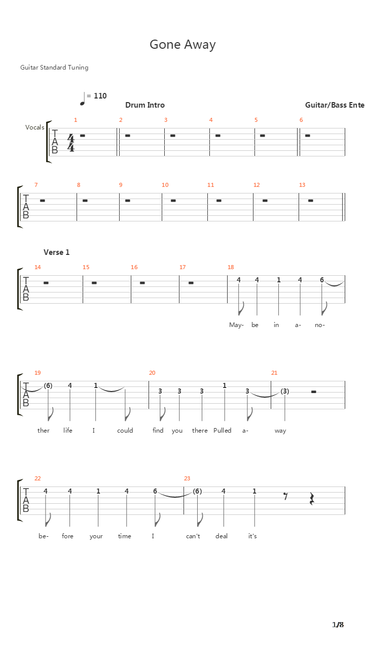 Gone Away吉他谱
