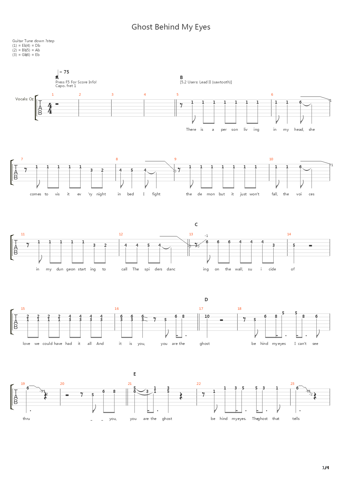 Ghost Behind My Eyes吉他谱