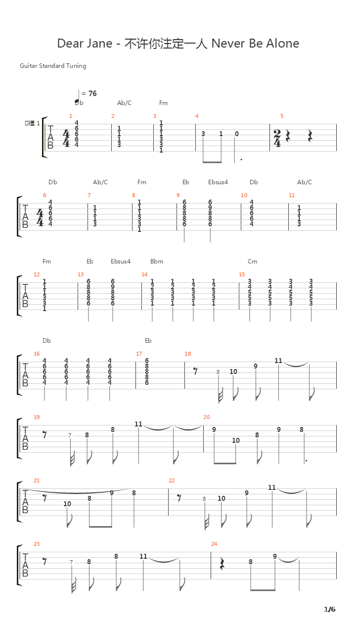 Never Be Alone(不许你注定一人)吉他谱