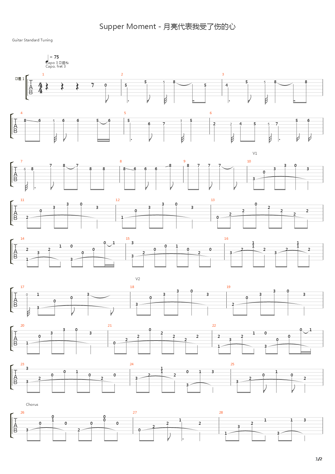 月亮代表我受了伤的心吉他谱