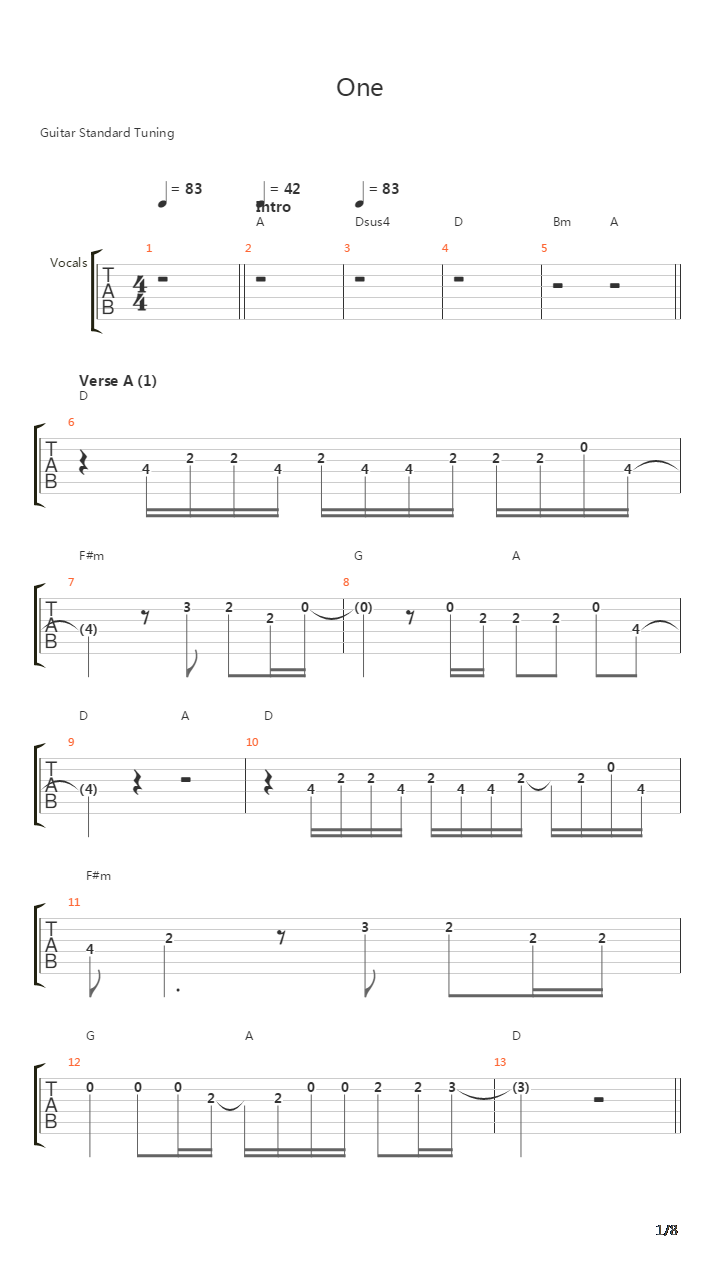 One吉他谱