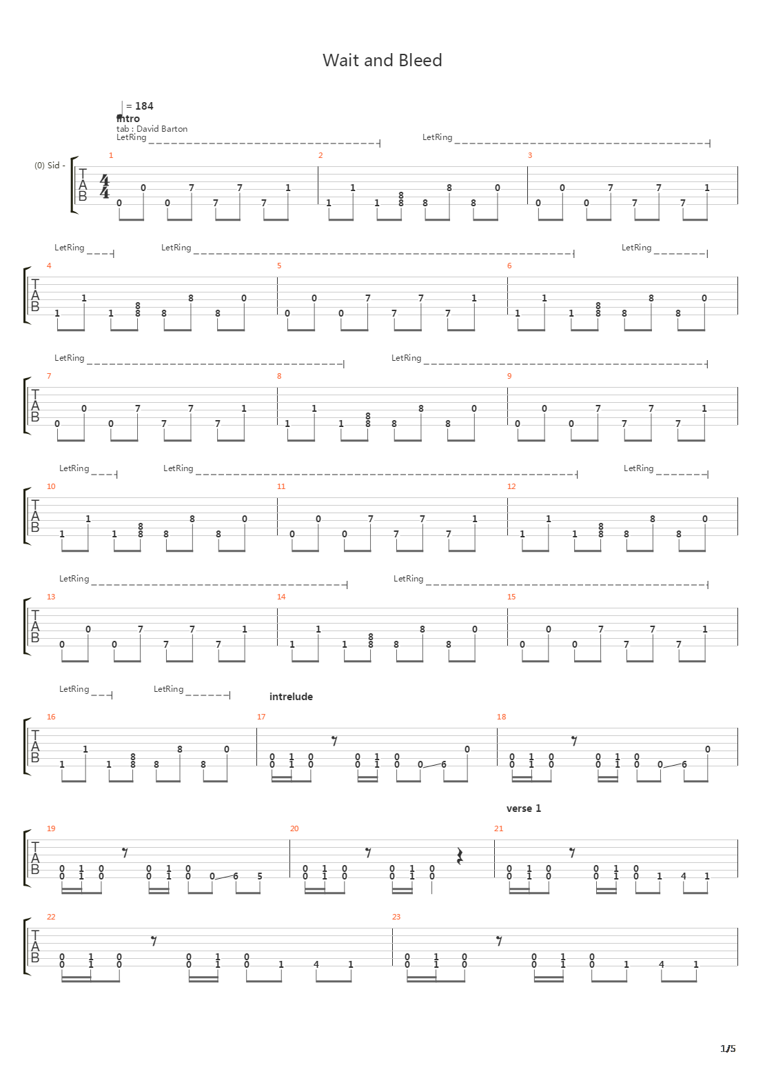 Wait And Bleed吉他谱