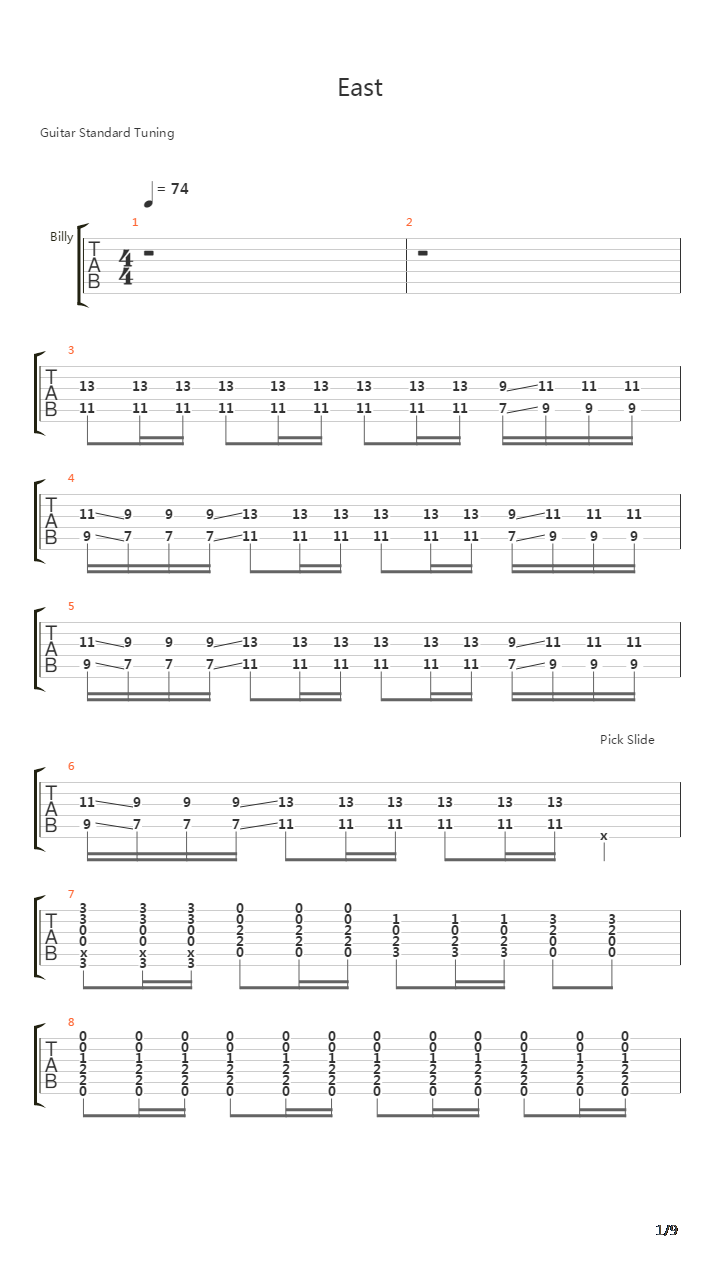 East吉他谱