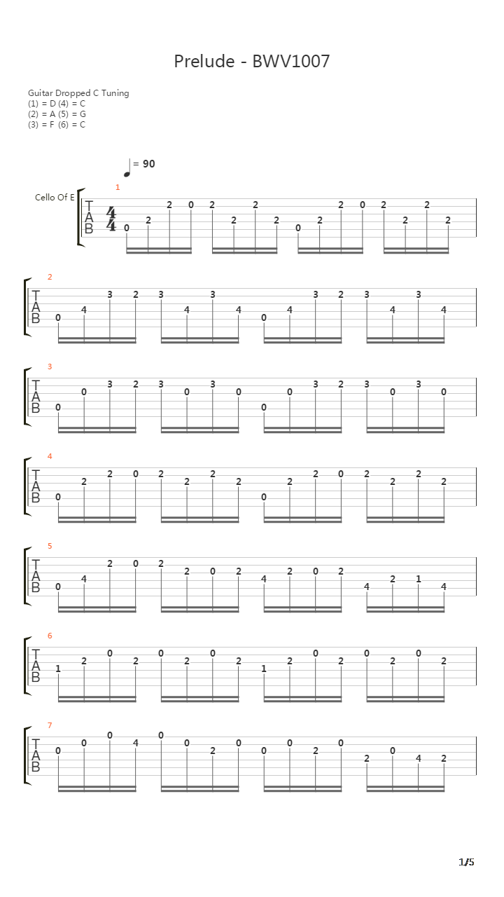 BWV 1007 Cello Suite No.1 in G Major吉他谱