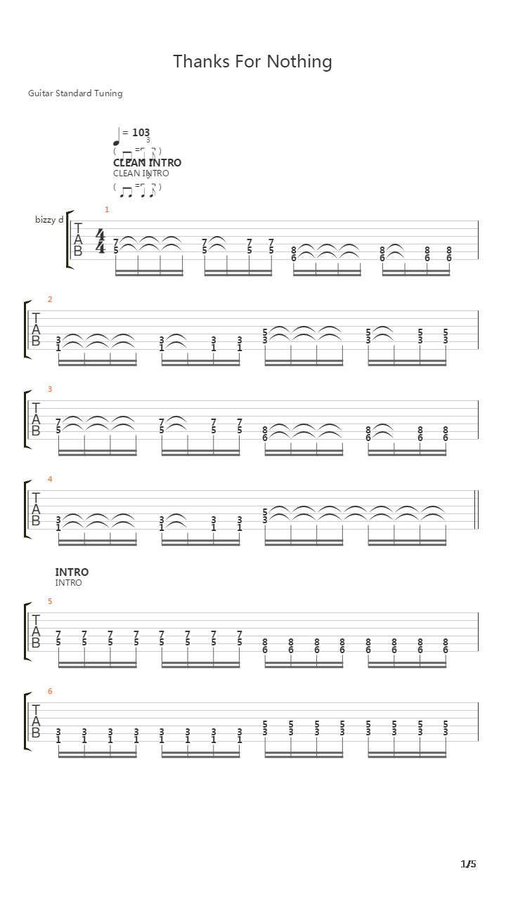 Thanks For Nothing De Rien吉他谱