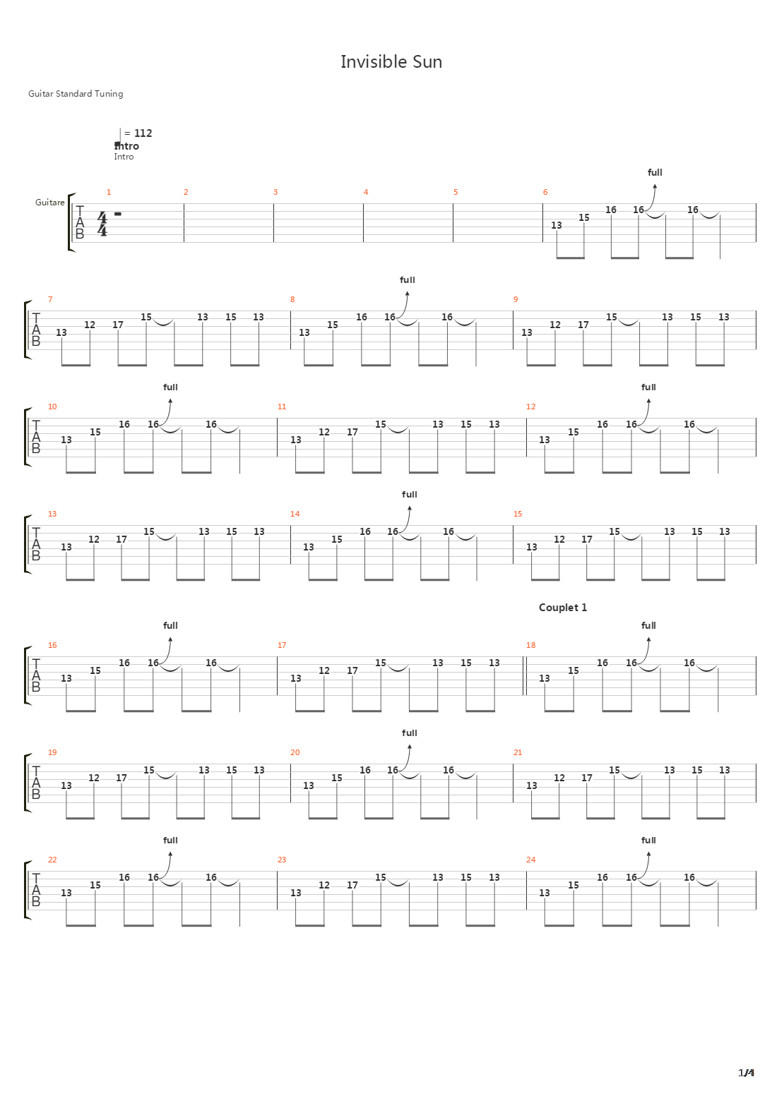 Invisible Sun吉他谱