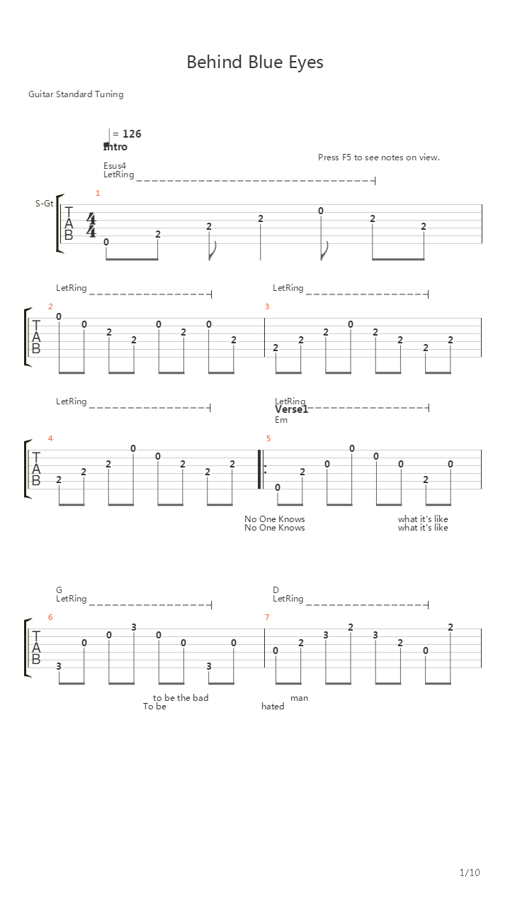 Behind Blue Eyes吉他谱