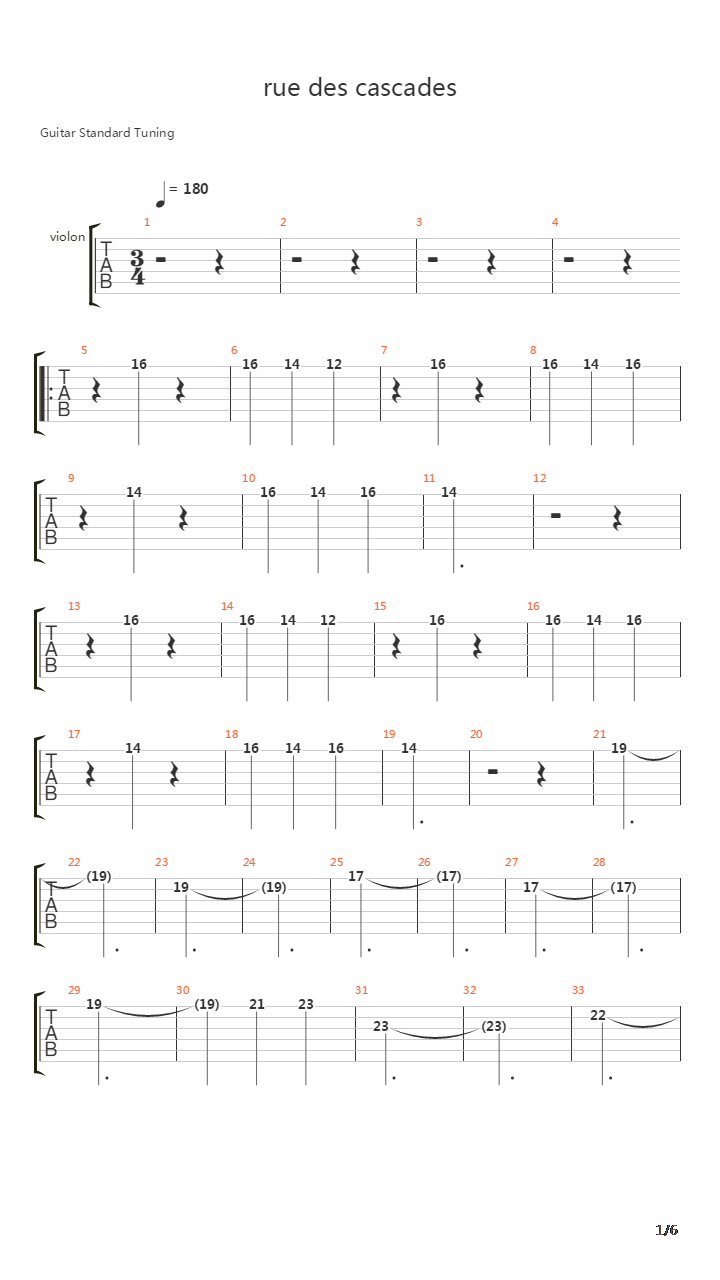 Rue Des Cascades吉他谱