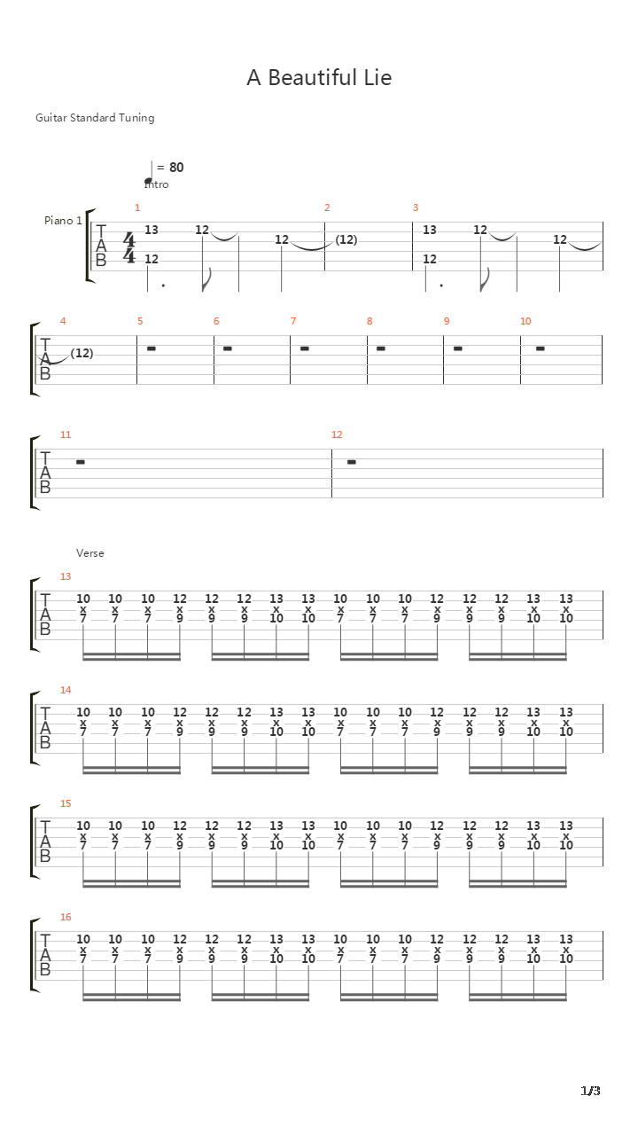 A Beautiful Lie吉他谱