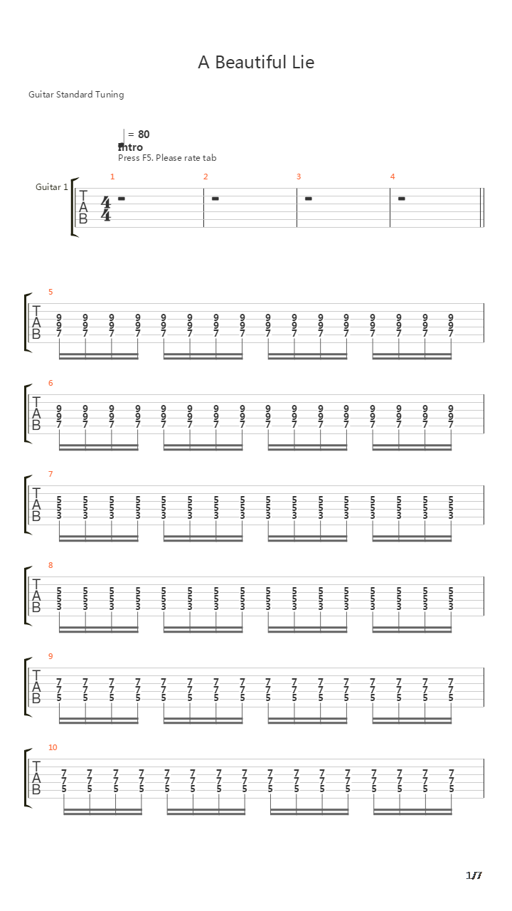 A Beautiful Lie吉他谱