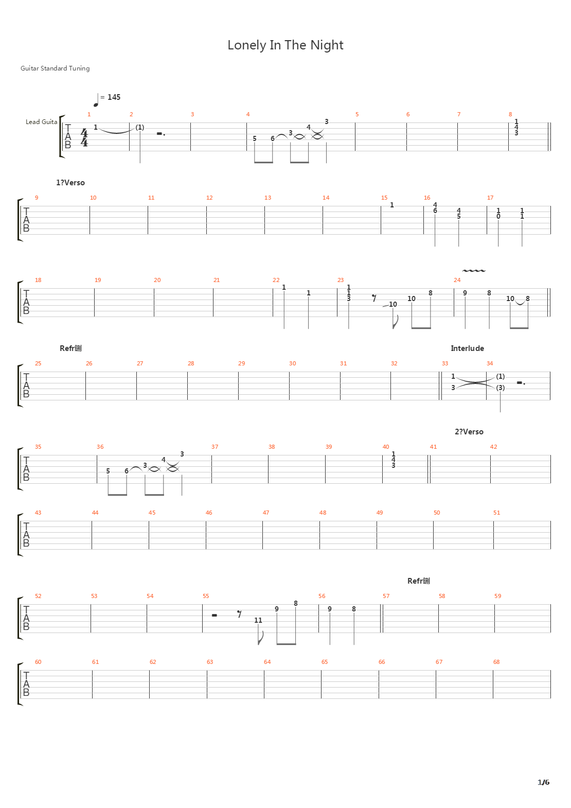 Lonely In The Night吉他谱