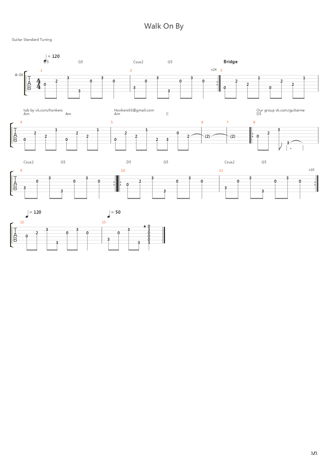 Walk On By吉他谱