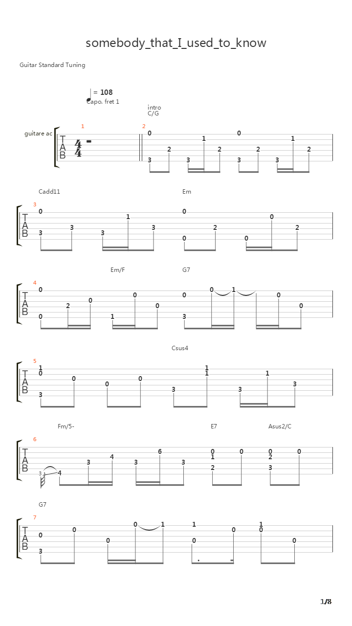 Somebody That I Used To Know吉他谱