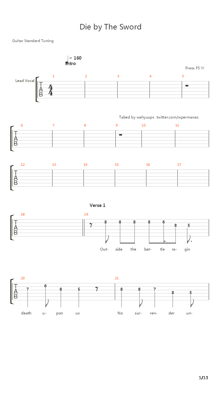 Die By The Sword吉他谱