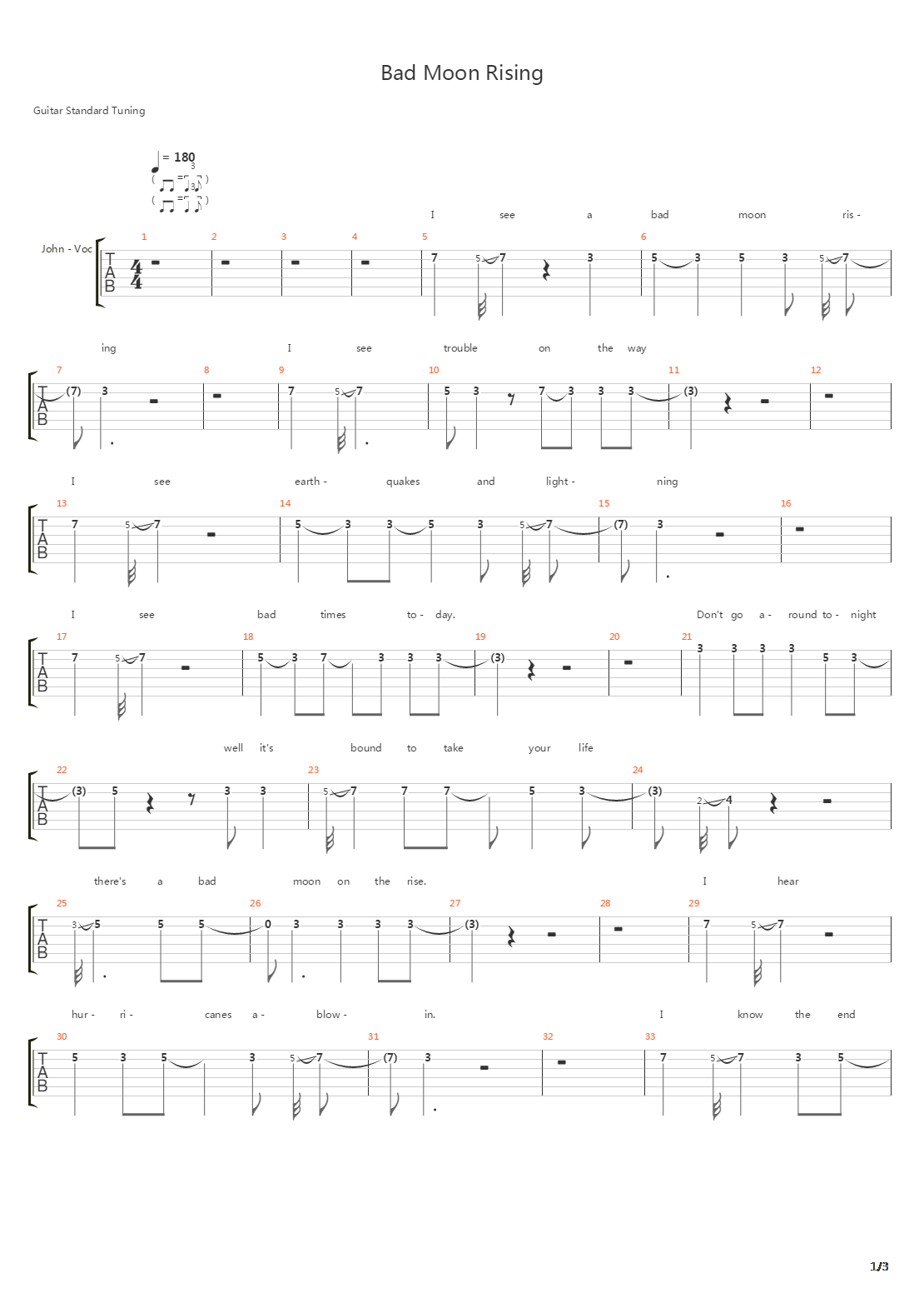 Bad Moon Rising吉他谱