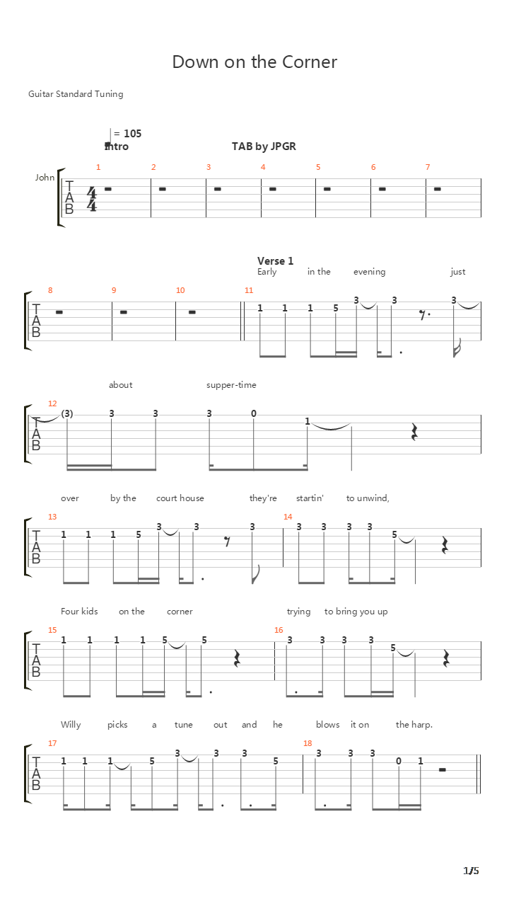 Down On The Corner吉他谱