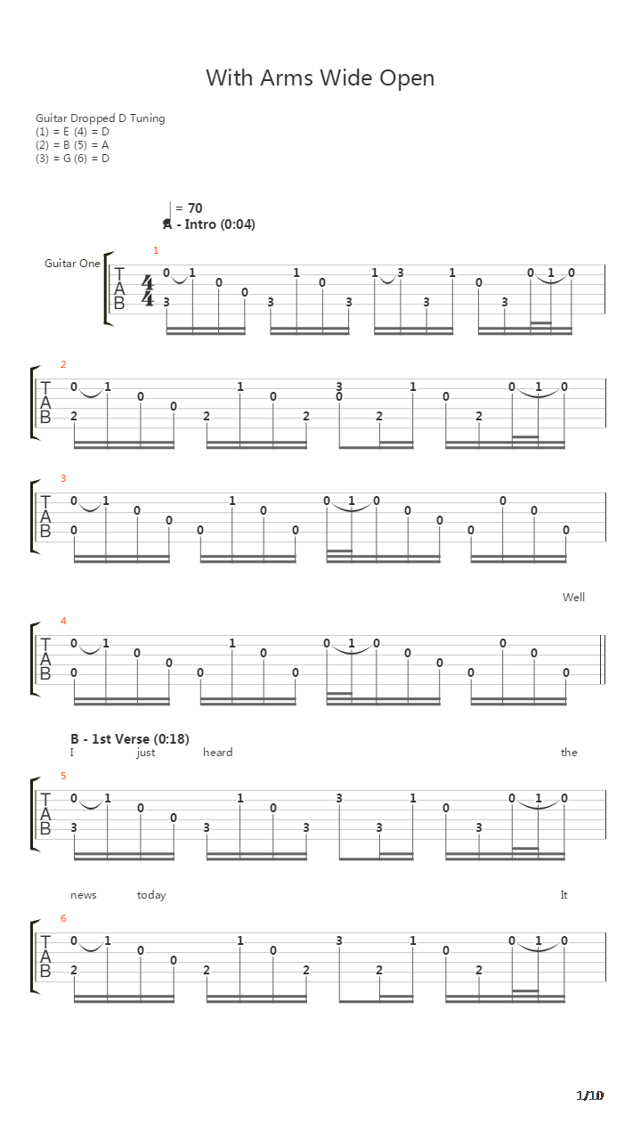 With Arms Wide Open吉他谱
