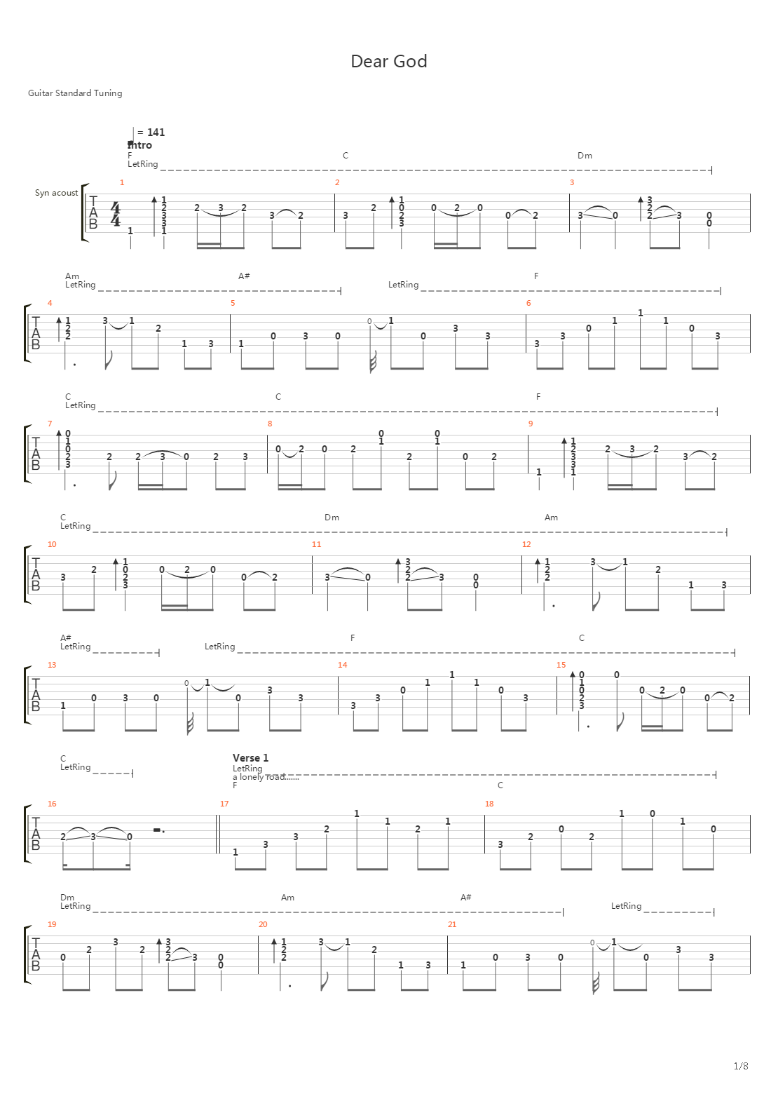 Dear God吉他谱