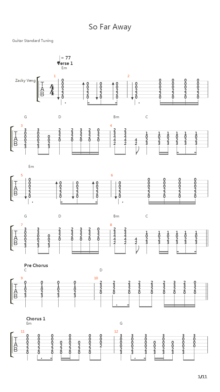 So Far Away吉他谱
