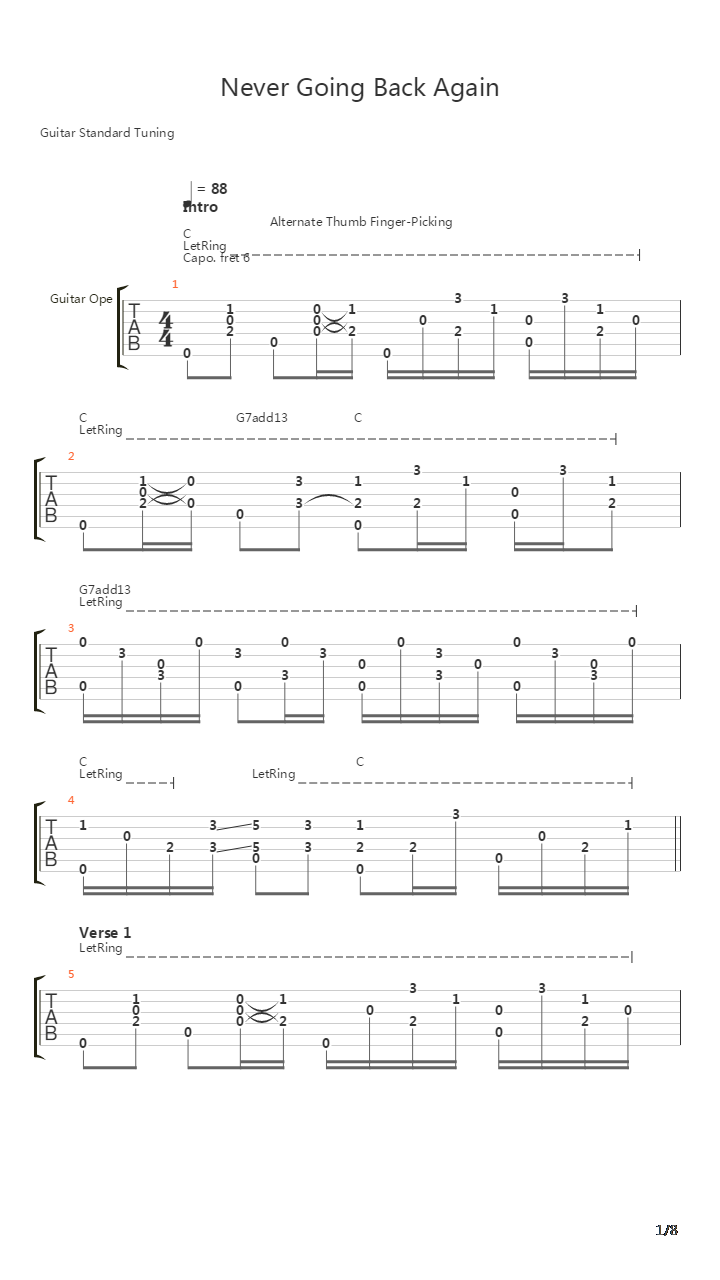 Never Going Back Again吉他谱