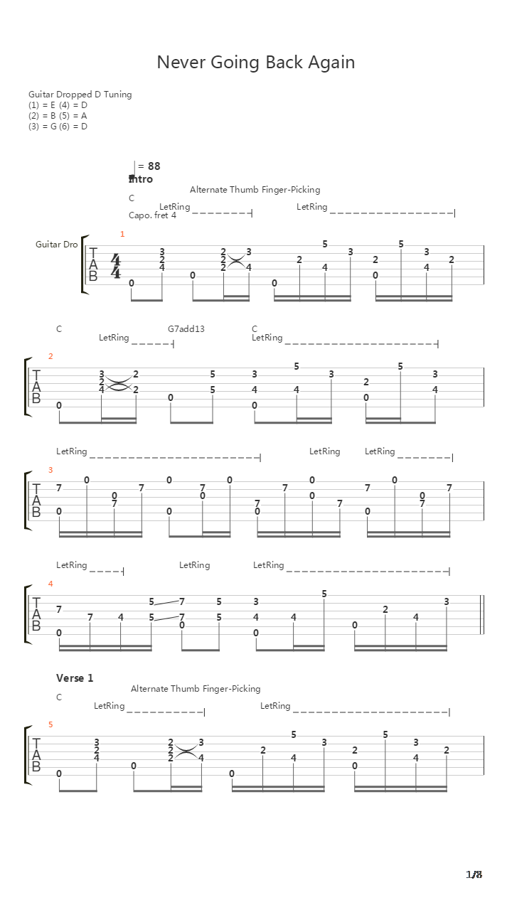 Never Going Back Again吉他谱