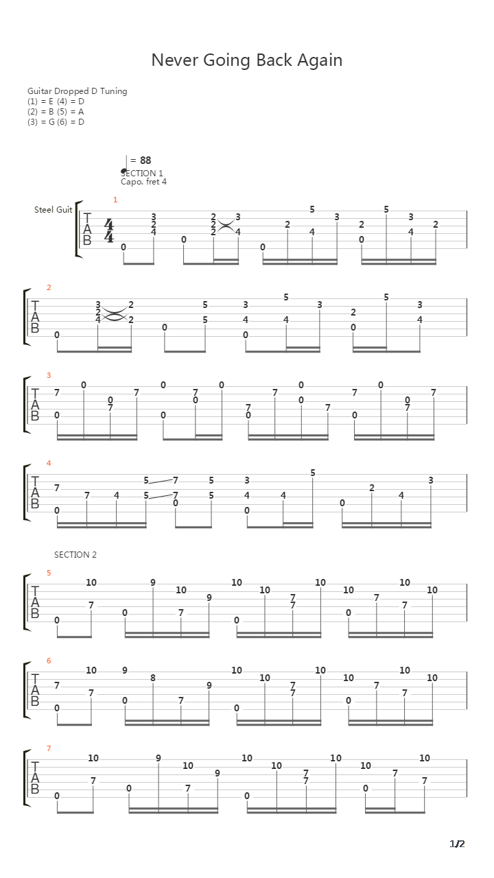 Never Going Back Again吉他谱
