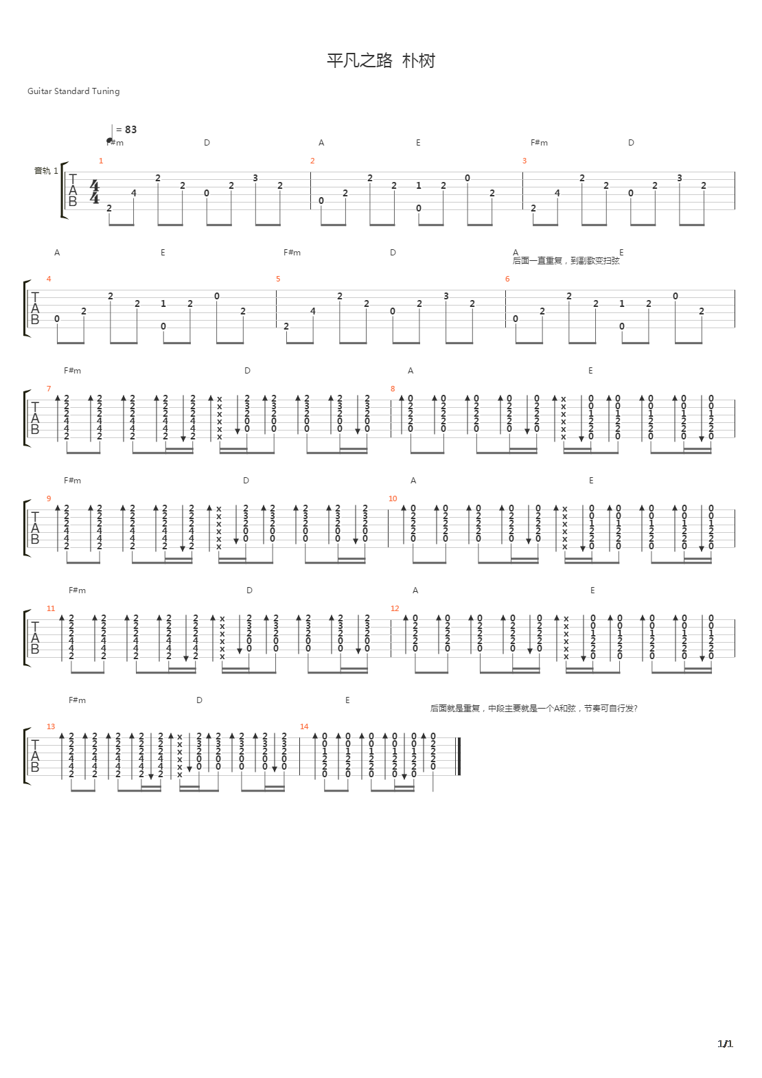 平凡之路吉他谱