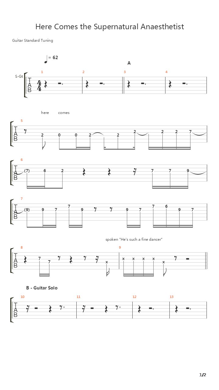 Here Comes The Supernatural Anaesthetist吉他谱