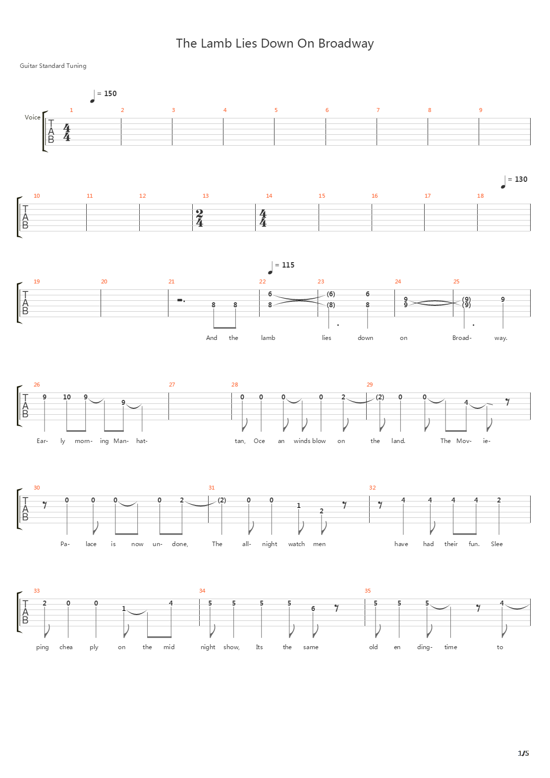 Lamb Lies Down On Broadway吉他谱