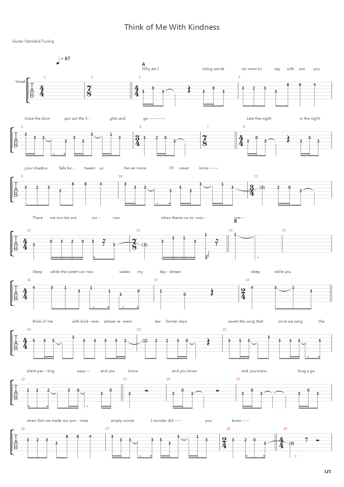 Think Of Me With Kindness吉他谱