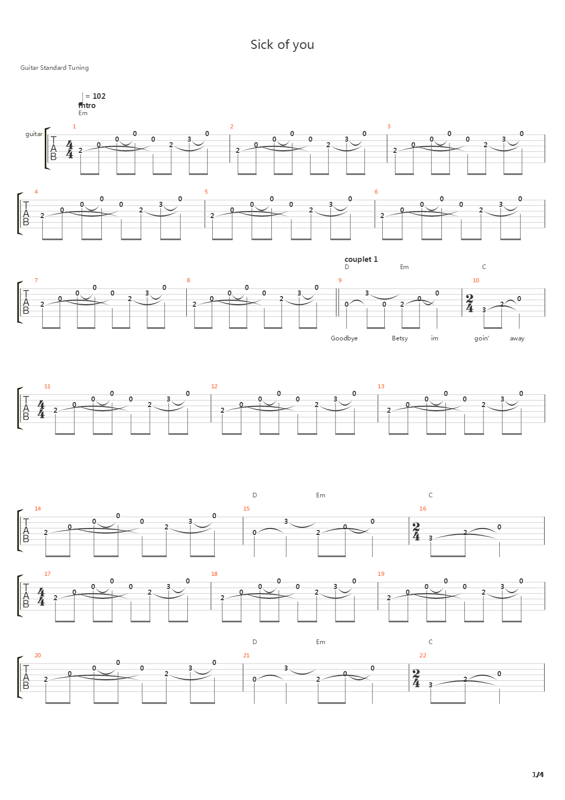 Sick Of You吉他谱
