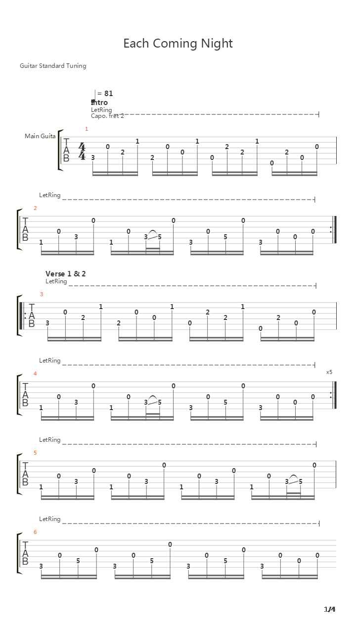 Each Coming Night吉他谱