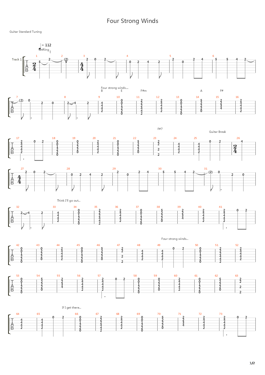 Four Strong Winds吉他谱