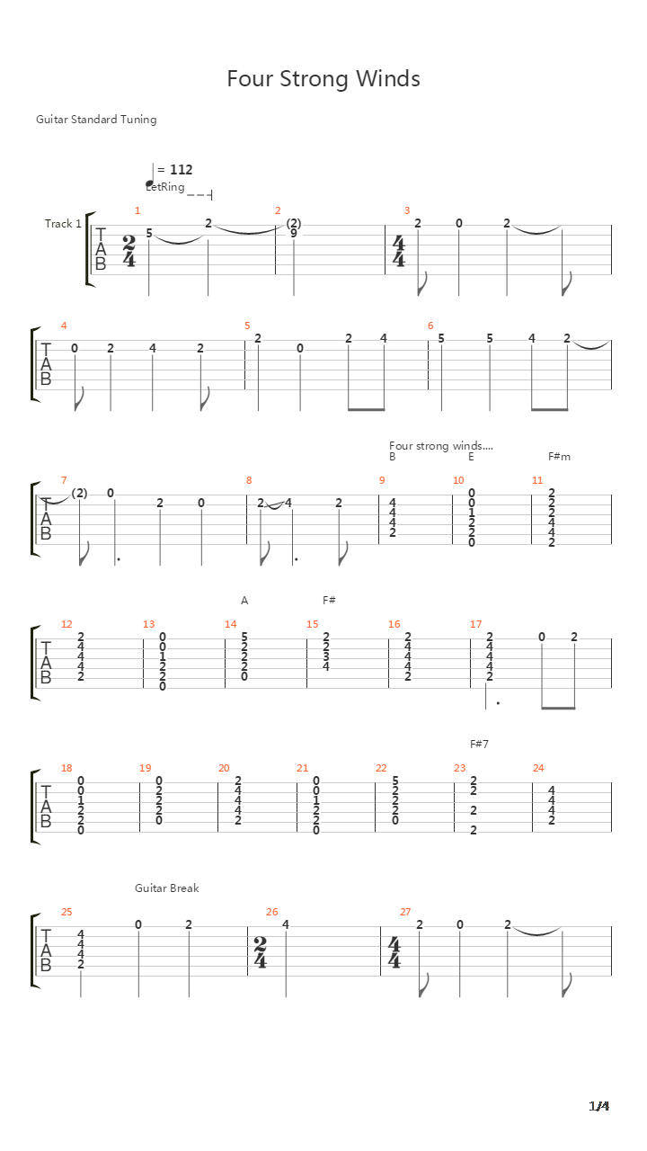 Four Strong Winds吉他谱