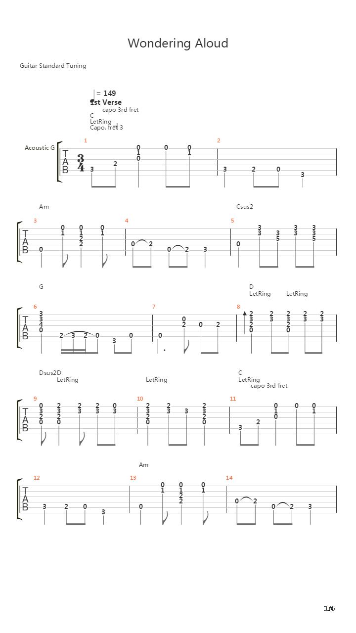 Wondering Aloud吉他谱