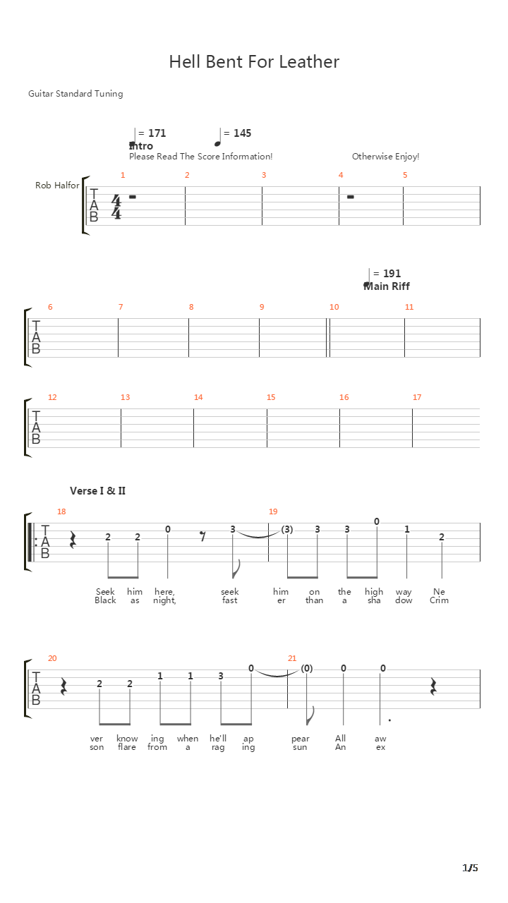 Hell Bent For Leather吉他谱