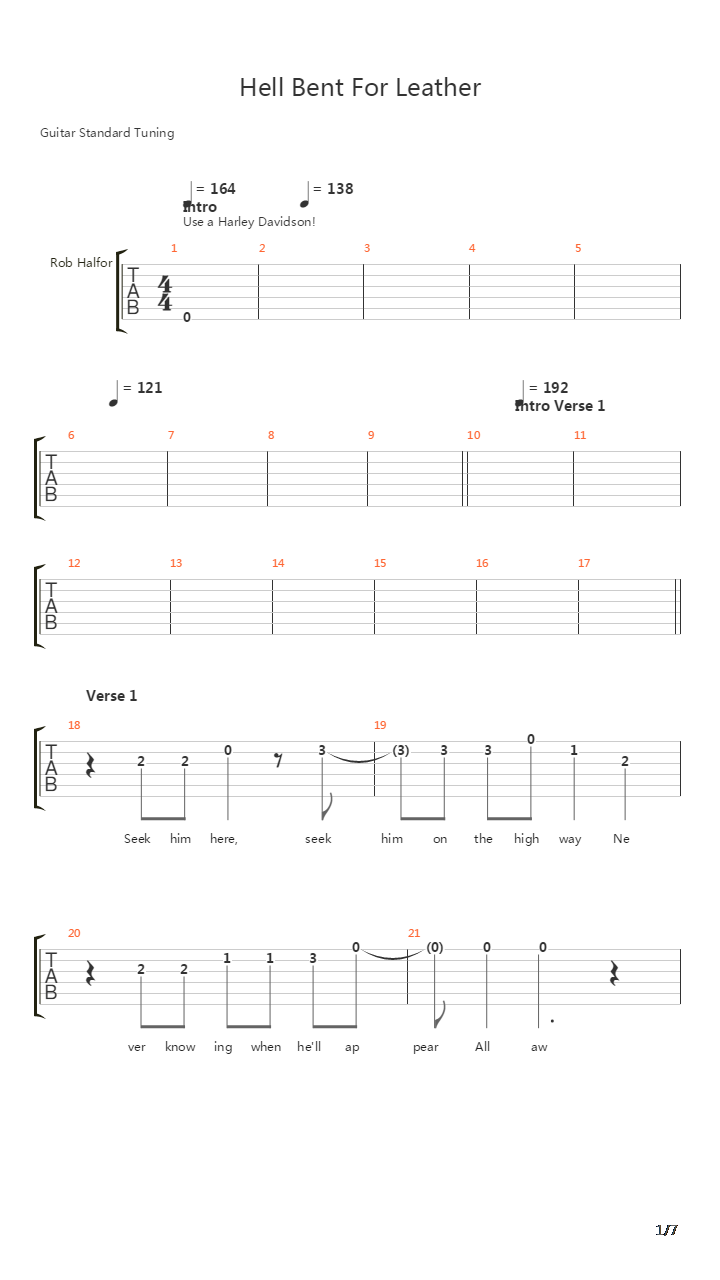 Hell Bent For Leather吉他谱