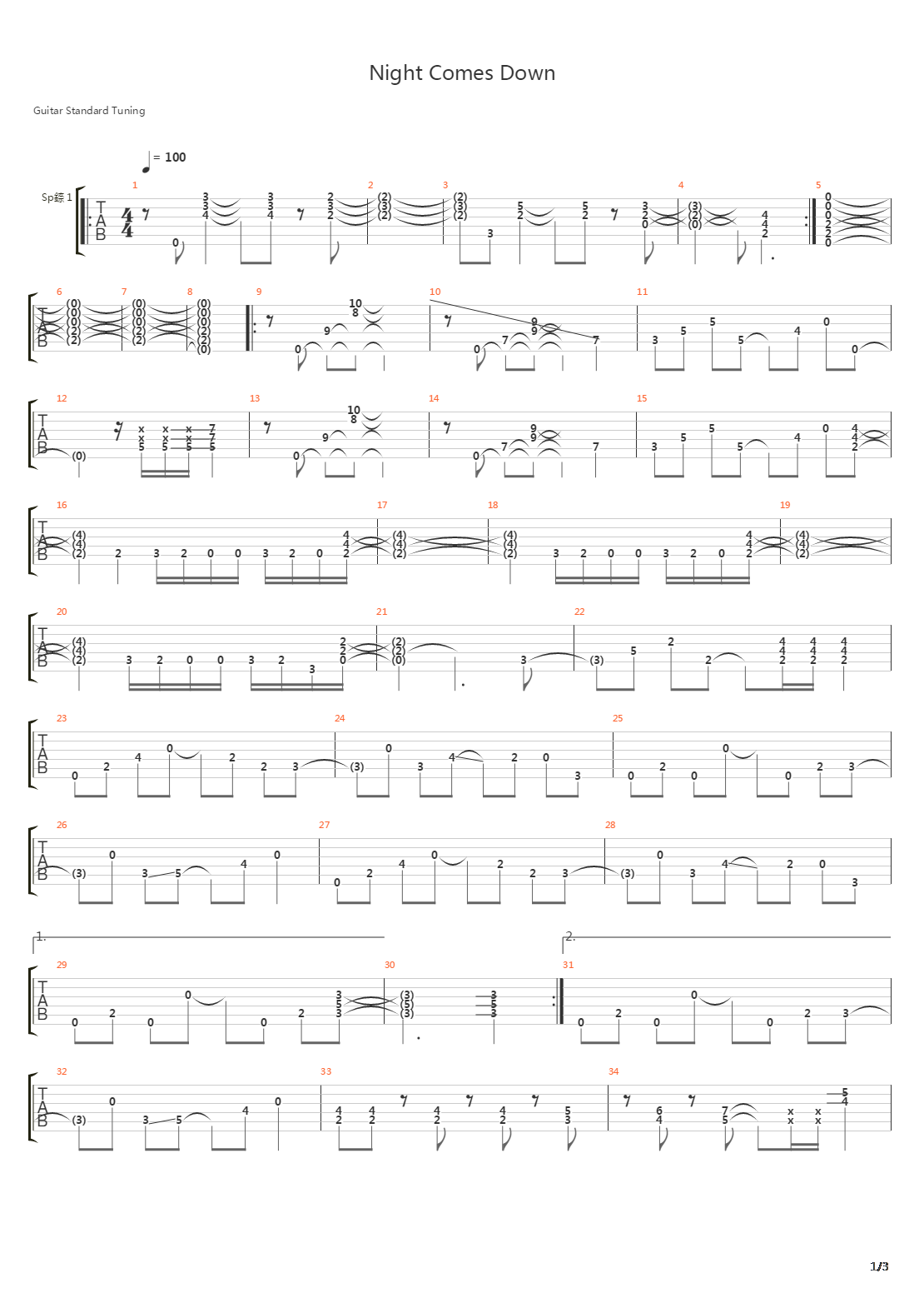 Night Comes Down吉他谱