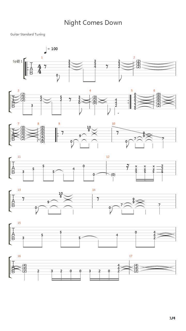 Night Comes Down吉他谱