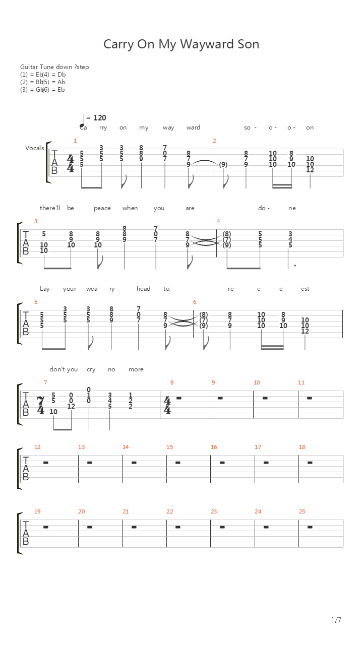 Carry On My Wayward Son吉他谱