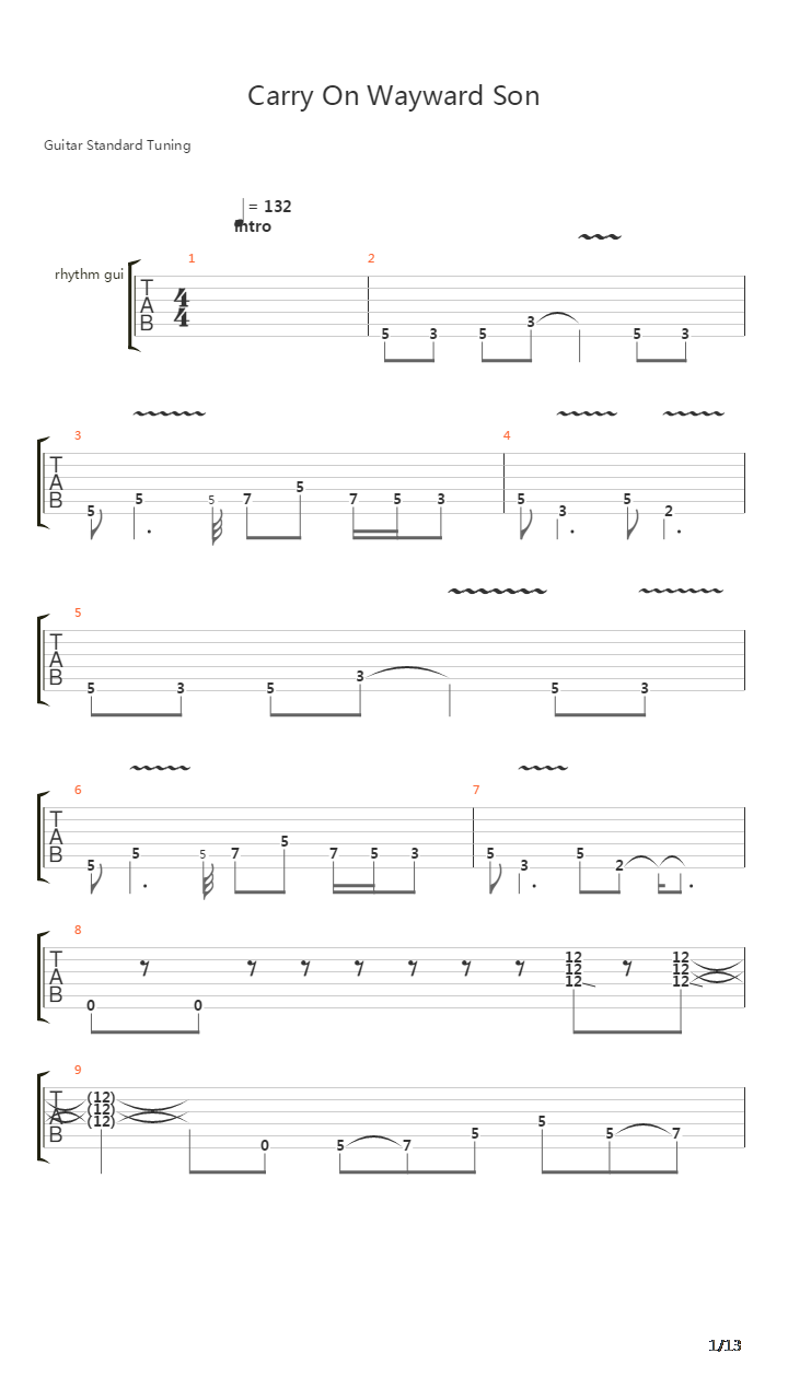 Carry On My Wayward Son吉他谱