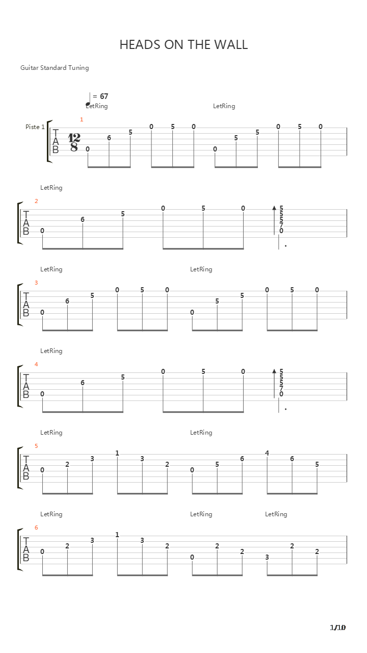 Heads On The Wall吉他谱