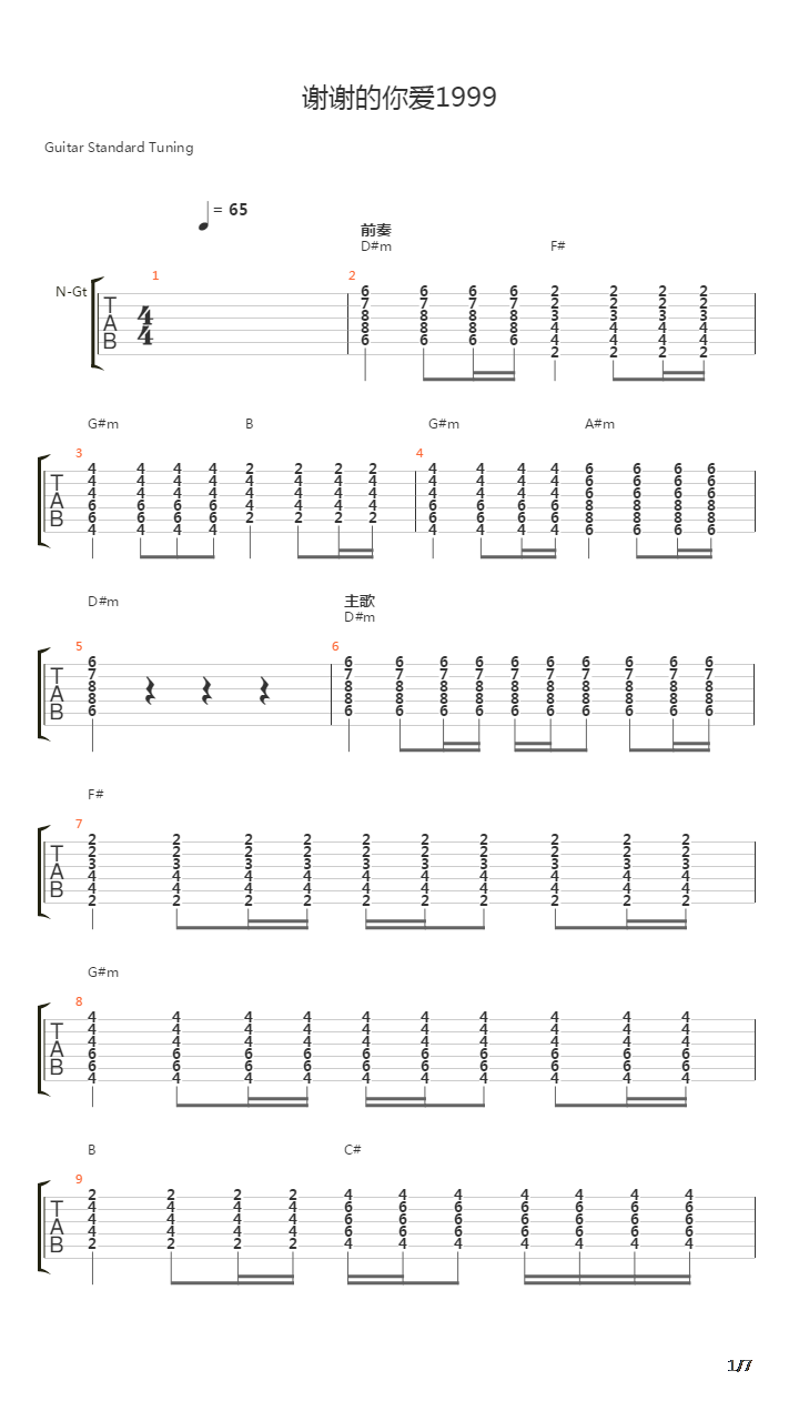 谢谢你的爱1999吉他谱