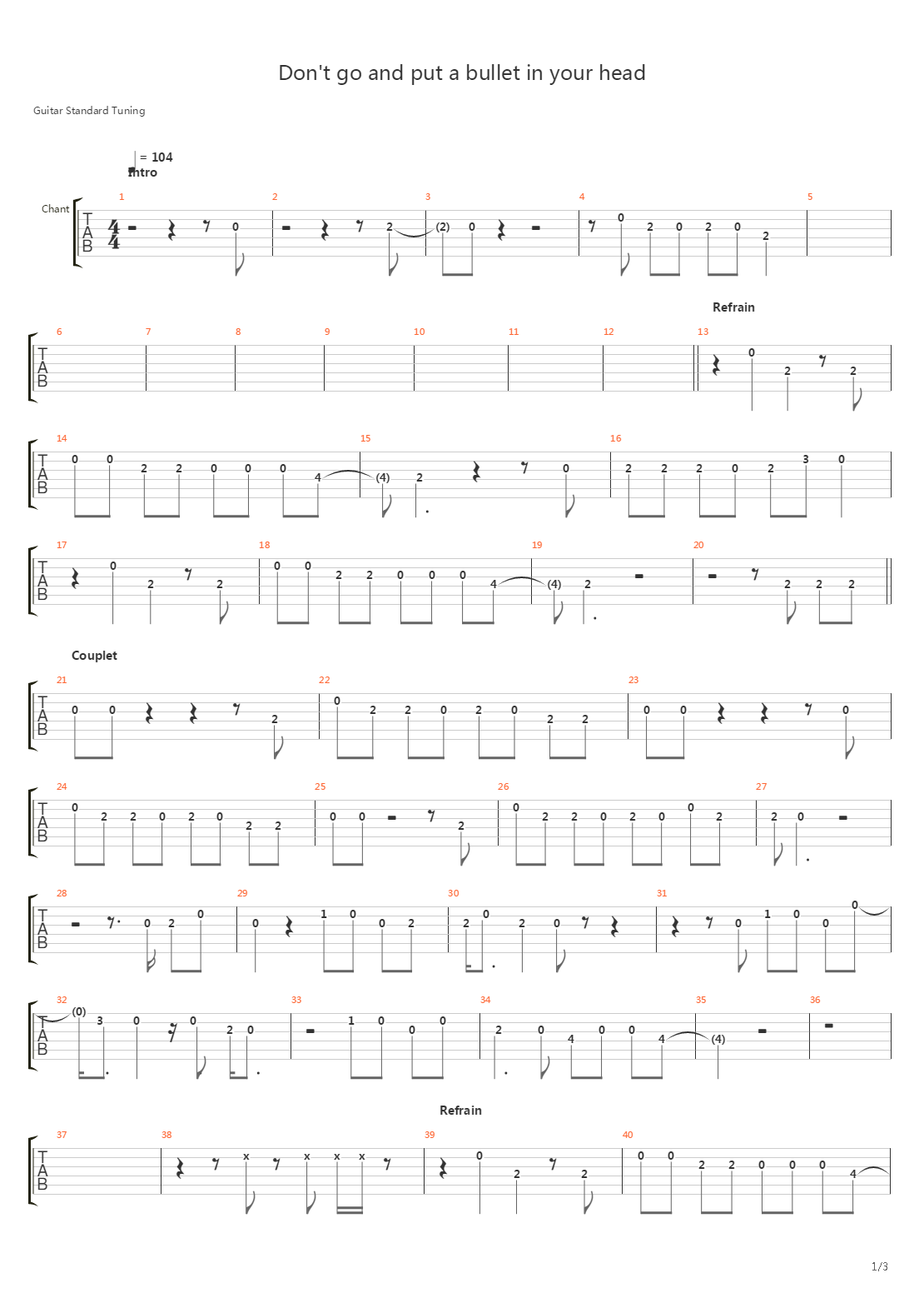 Dont Go And Put A Bullet In Your Head吉他谱
