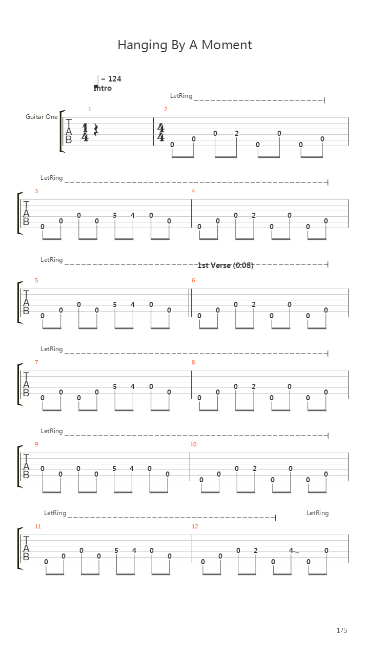 Hanging By A Moment吉他谱