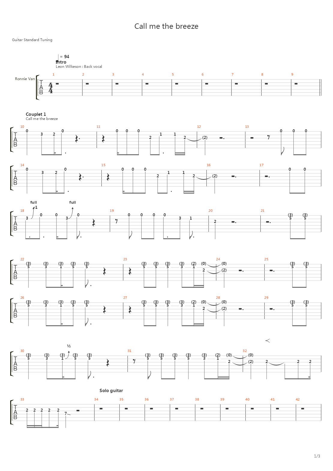 Call Me The Breeze吉他谱