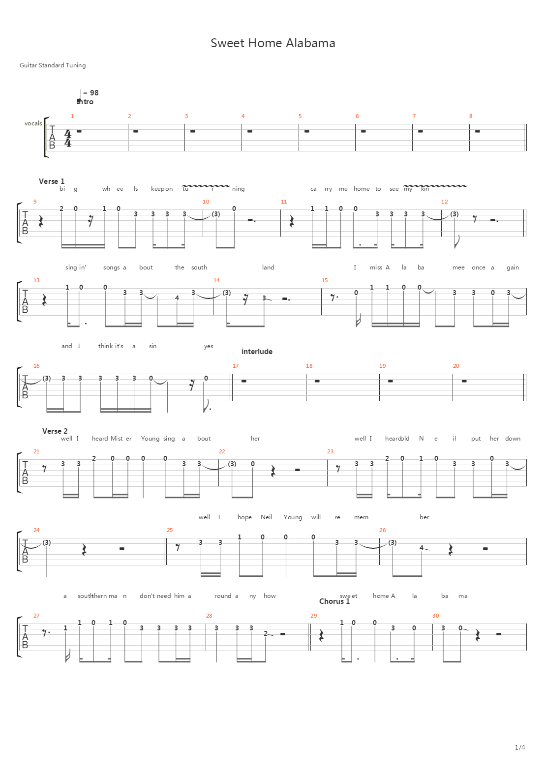 Sweet Home Alabama吉他谱